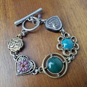 Lucky Brand Bracelet Multi Metal Brass Tone Heart Stone Green Boho Steampunk‎